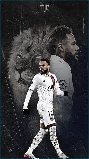 Neymar Jr in Paris Saint-Germain Kit with Lion Portrait and Dark Aesthetic Background HD phone wallpaper