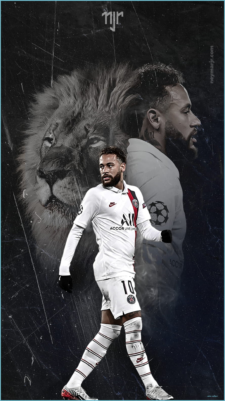 Neymar Jr in Paris Saint-Germain Kit with Lion Portrait and Dark Aesthetic Background HD phone wallpaper