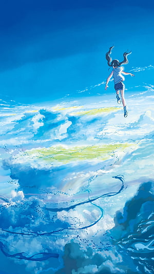 Anime Girl Leaping Through Clouds in Weathering With You Style HD phone wallpaper