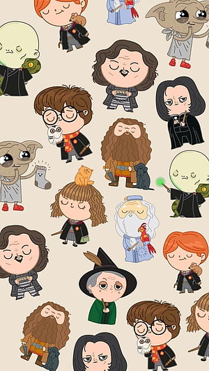 Cute Chibi Harry Potter Characters Pattern Wallpaper HD phone wallpaper