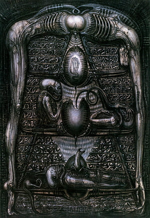 H.R. Giger Biomechanical Alien Artwork with Intricate Organic Metal Design HD phone wallpaper