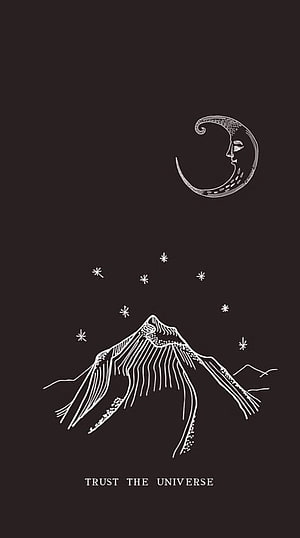 Minimalist Line Art of Crescent Moon, Mountain, and Stars with Trust the Universe Quote HD phone wallpaper