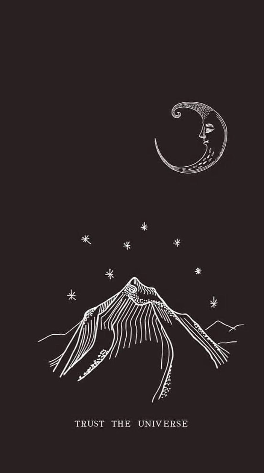 Minimalist Line Art of Crescent Moon, Mountain, and Stars with Trust the Universe Quote HD phone wallpaper