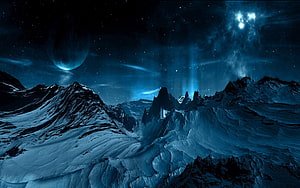 Alien Mountain Range Under Starry Night Sky with Glowing Nebula and Distant Planet HD wallpaper