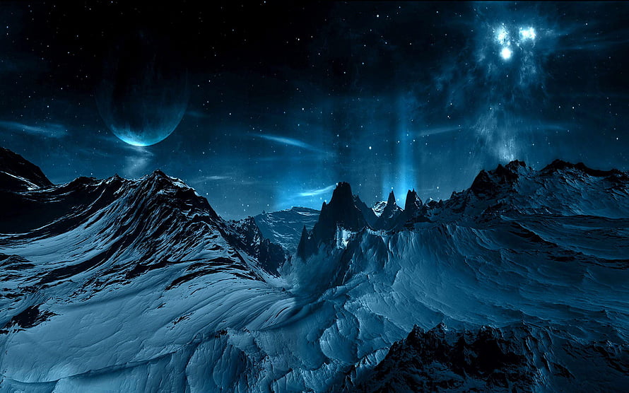 Alien Mountain Range Under Starry Night Sky with Glowing Nebula and Distant Planet HD wallpaper