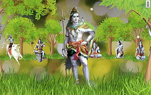 Lord Shiva with Trishul and Serpent in a Lush Green Forest with Multiple Forms HD wallpaper