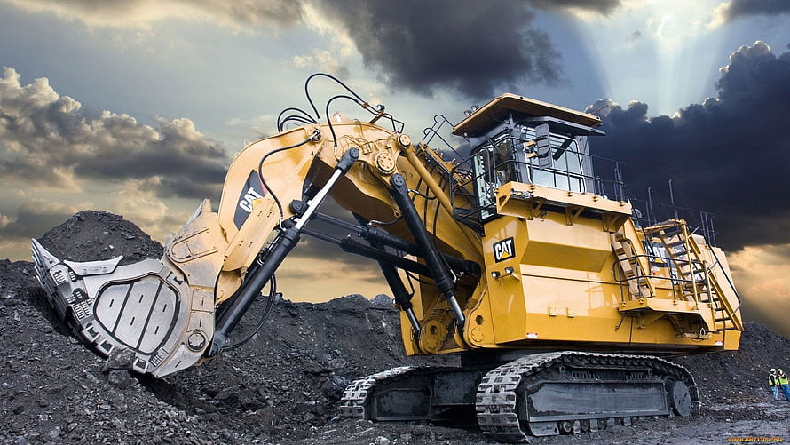 Caterpillar Mining Excavator Digging Coal Under Dramatic Stormy Sky HD wallpaper