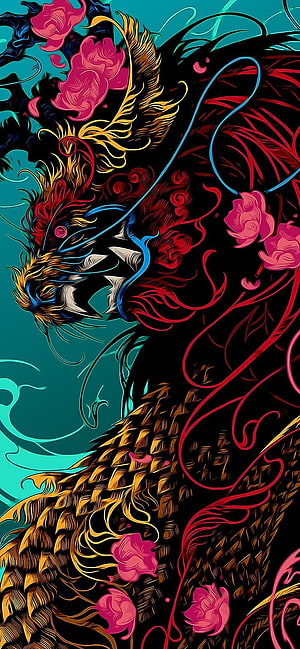 Vibrant Neon Dragon with Pink Flowers on Dark Background HD phone wallpaper