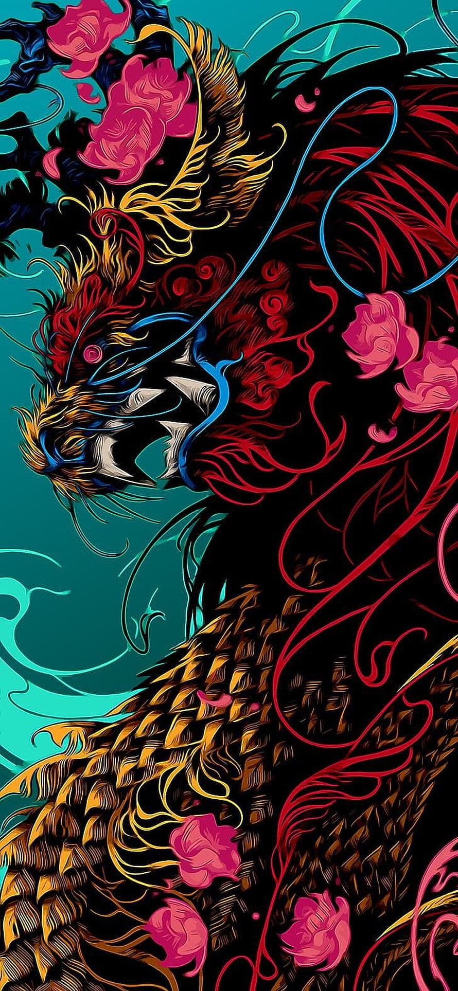 Vibrant Neon Dragon with Pink Flowers on Dark Background HD phone wallpaper