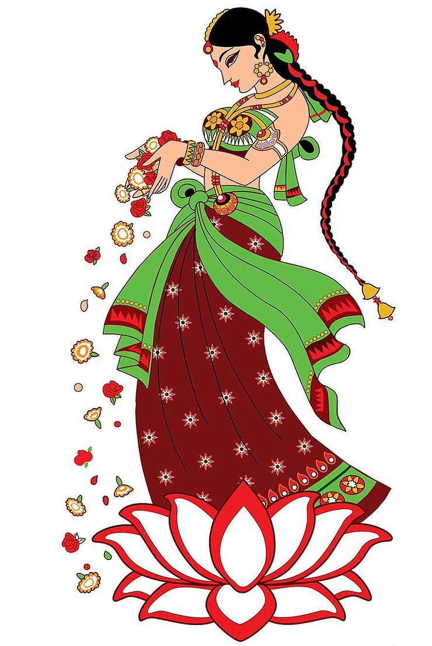 Traditional Indian Woman in Saree Holding Flowers Above Lotus Flower Vector Illustration HD phone wallpaper