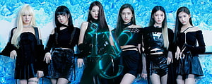 IVE K-pop Group in Black Outfits with Neon Logo Against Blue Ice Background HD wallpaper