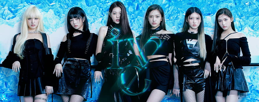 IVE K-pop Group in Black Outfits with Neon Logo Against Blue Ice Background HD wallpaper