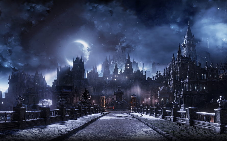 Gothic Fantasy Castle at Night with Moonlit Bridge and Snowy Cobblestone Path HD wallpaper