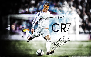 Cristiano Ronaldo CR7 in Real Madrid White Kit Striking a Soccer Ball on the Pitch HD wallpaper