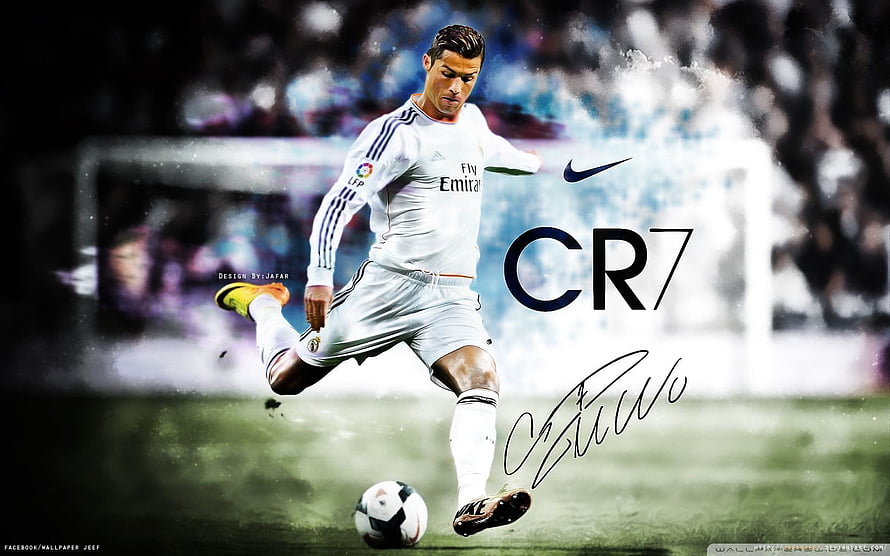 Cristiano Ronaldo CR7 in Real Madrid White Kit Striking a Soccer Ball on the Pitch HD wallpaper
