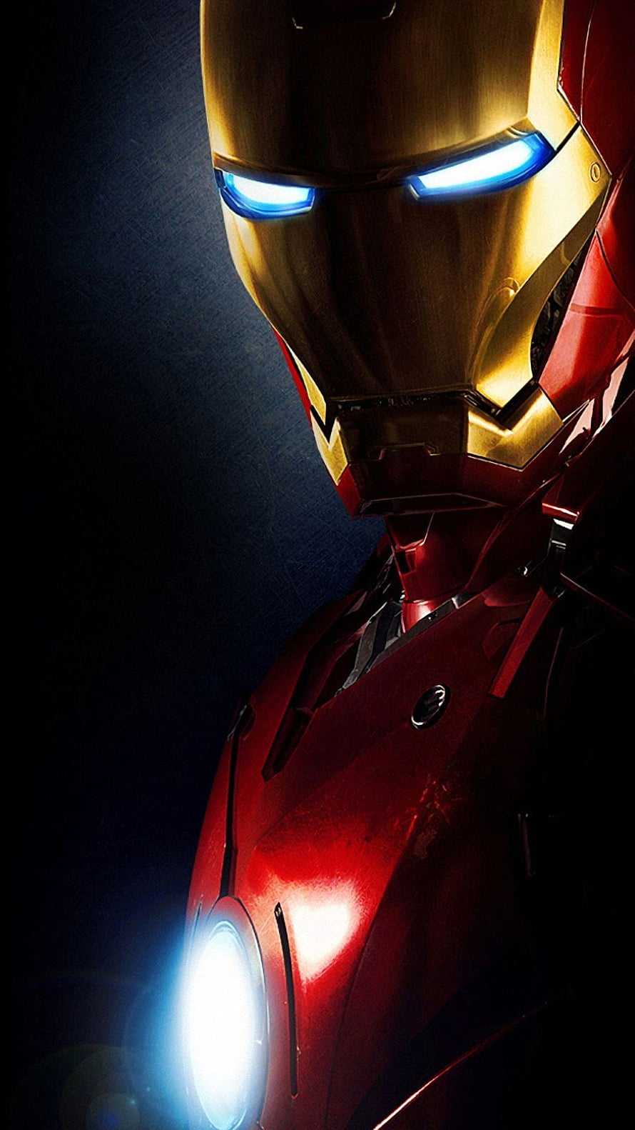 Iron Man Close-Up Portrait with Glowing Blue Eyes and Arc Reactor on Dark Background HD phone wallpaper
