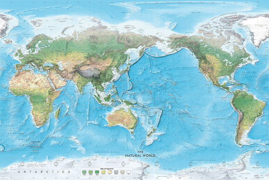 Physical World Map Mural with Natural Vegetation and Topographic Relief HD wallpaper