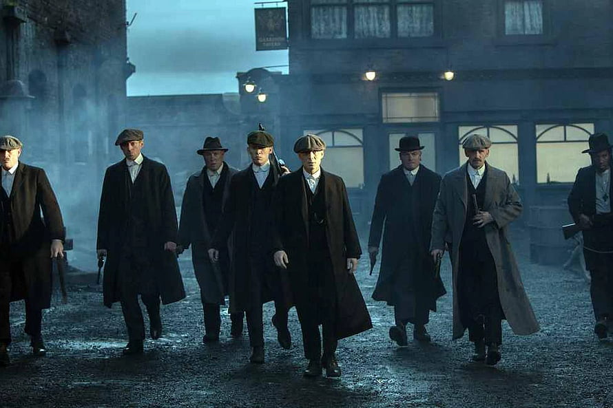 Peaky Blinders Gang Walking Through Foggy Industrial Street at Night HD wallpaper