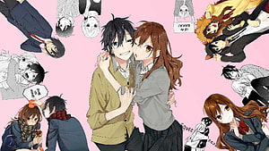 Horimiya Anime Couple Embrace Wallpaper With Character Collage HD wallpaper