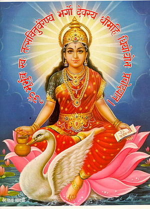 Maa Gayatri Seated on Lotus with Swan and Sacred Text in Traditional Indian Art HD phone wallpaper