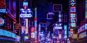 Vibrant Shibuya Neon Street at Night with Outrun Aesthetic and Japanese Signage HD wallpaper