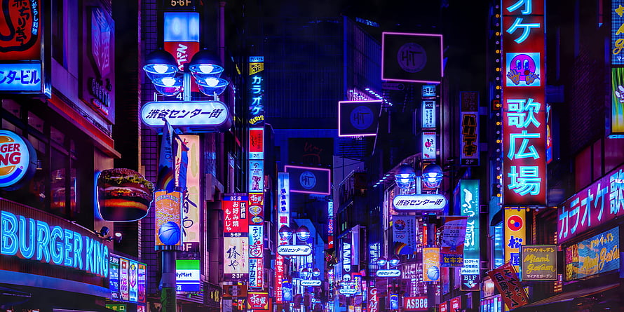 Vibrant Shibuya Neon Street at Night with Outrun Aesthetic and Japanese Signage HD wallpaper
