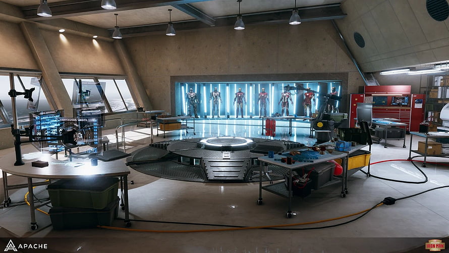Tony Stark's High-Tech Workshop with Iron Man Armor Display, Tony's Lab, iron man lab HD wallpaper