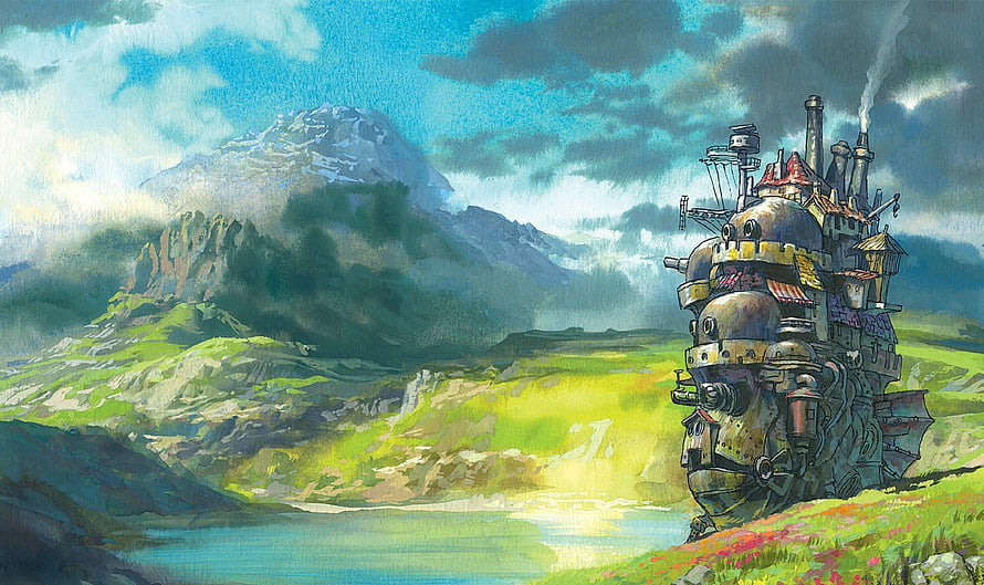 Studio Ghibli Steampunk Castle in Lush Mountain Valley Watercolor Landscape HD wallpaper