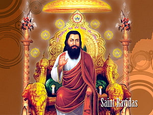 Saint Ravidas Seated on Golden Throne with Khanda Symbol and Devotional Text HD wallpaper