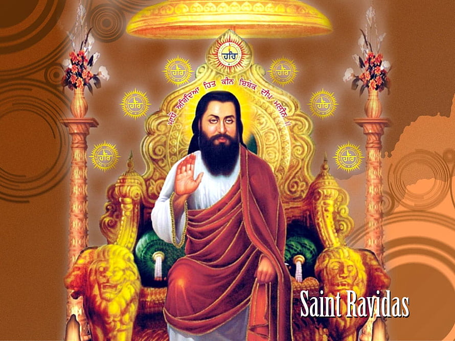 Saint Ravidas Seated on Golden Throne with Khanda Symbol and Devotional Text HD wallpaper