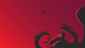 Silhouette of a warrior leaping toward a coiled dragon against a deep red gradient background HD wallpaper
