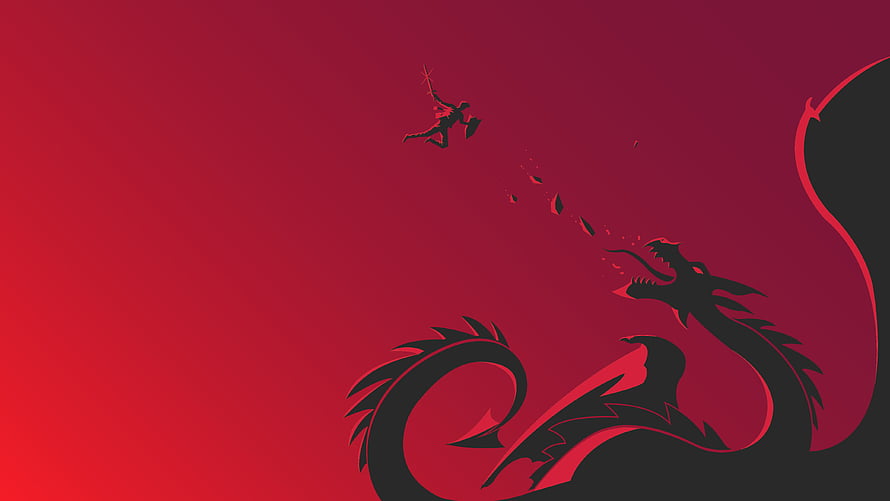 Silhouette of a warrior leaping toward a coiled dragon against a deep red gradient background HD wallpaper