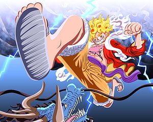 Luffy Gear 5 Anime Action Artwork with Lightning and Dragon HD wallpaper