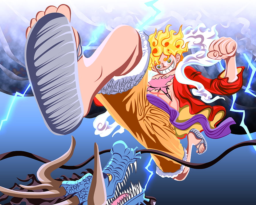 Luffy Gear 5 Anime Action Artwork with Lightning and Dragon HD wallpaper