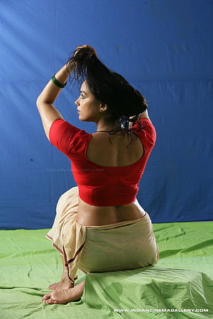 Shweta Menon in Red Crop Top and Beige Saree Kneeling on Green Cloth HD phone wallpaper