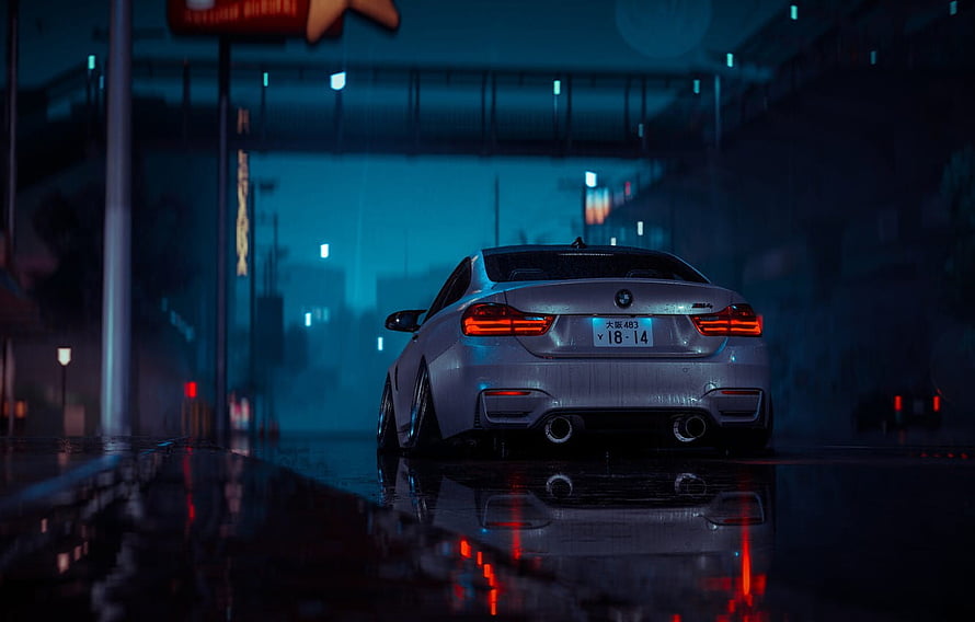 BMW M4 F82 Rear View on Wet Night Street with Neon Reflections and Cyberpunk Atmosphere HD wallpaper