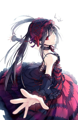 Tokisaki Kurumi in a gothic lolita dress with a red and black corset and long dark hair HD phone wallpaper