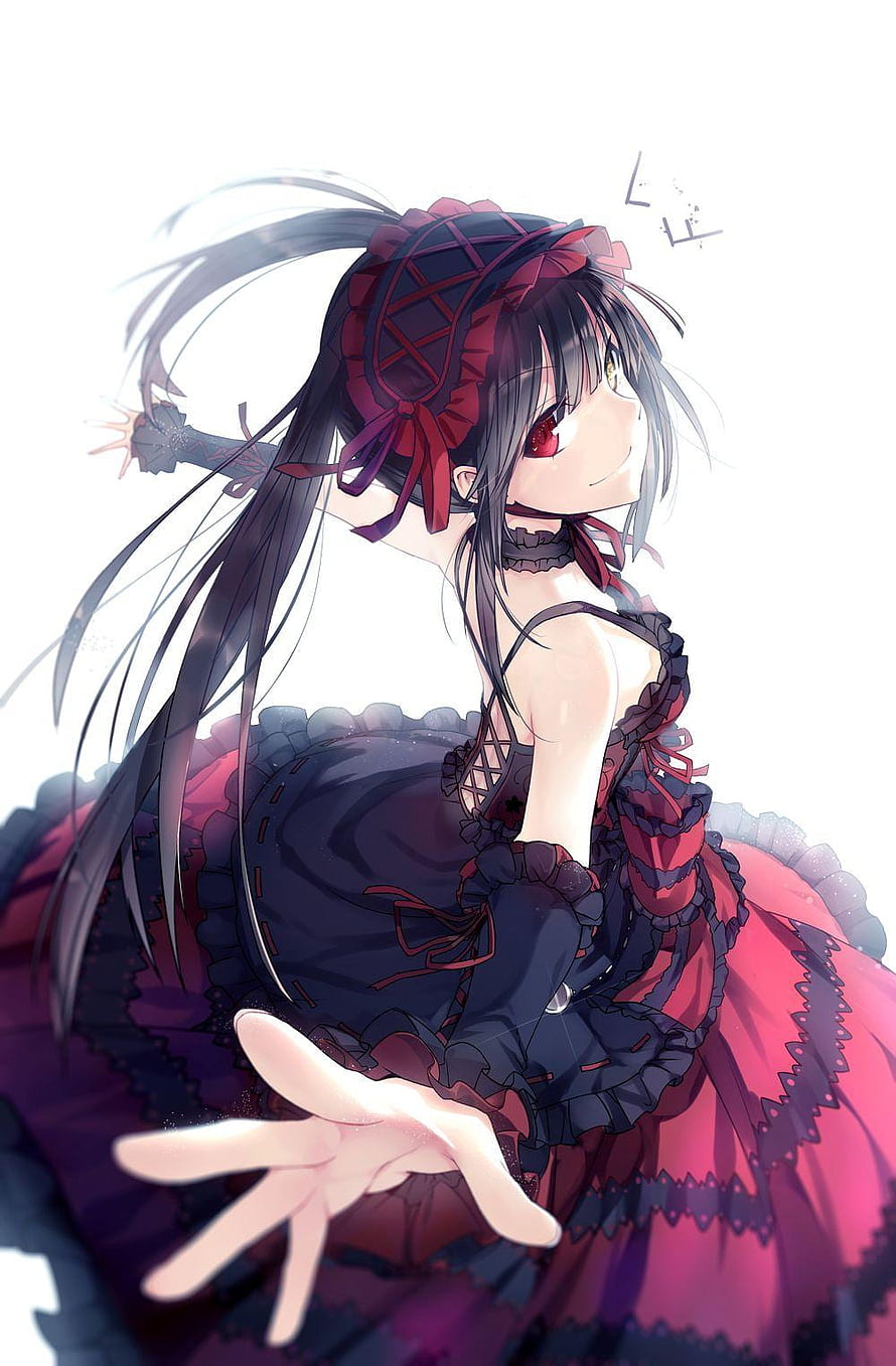 Tokisaki Kurumi in a gothic lolita dress with a red and black corset and long dark hair HD phone wallpaper