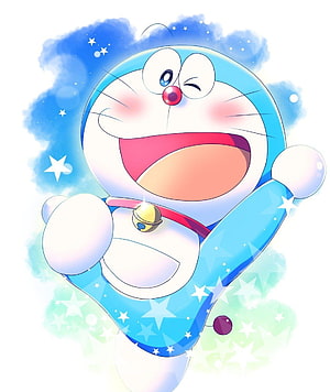 Doraemon Winking Joyfully Amidst a Starry Blue Watercolor Sky HD phone wallpaper