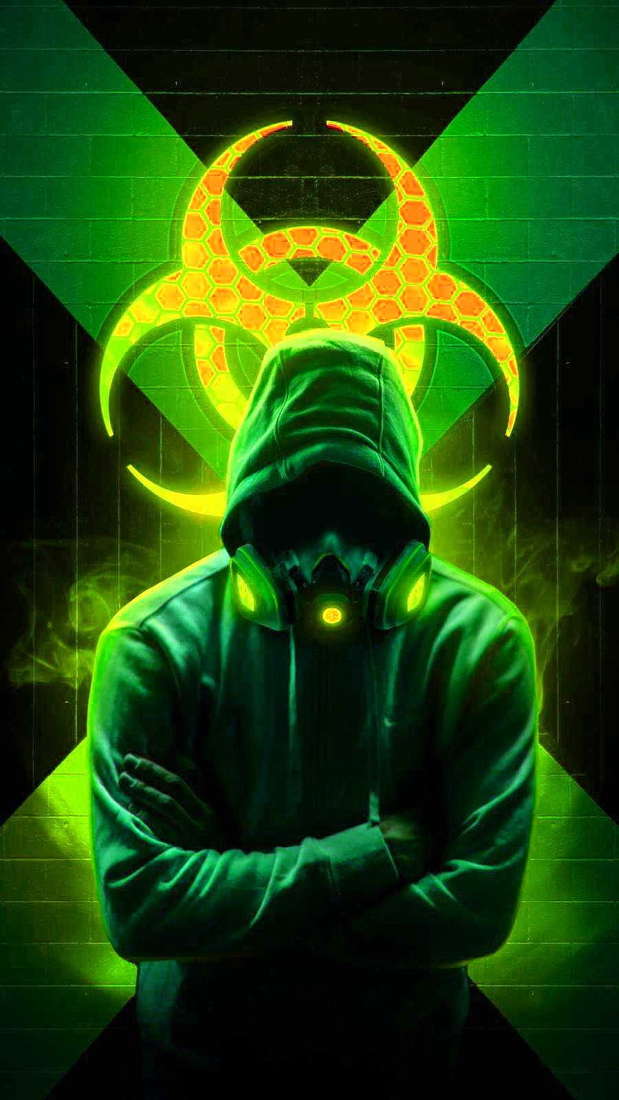 Hacker in Green Hoodie and Gas Mask with Glowing Biohazard Symbol HD phone wallpaper