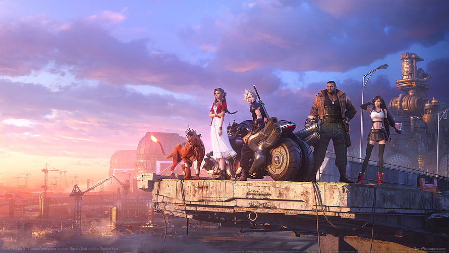 Final Fantasy VII Remake Intergrade Characters on Rooftop at Sunset HD wallpaper