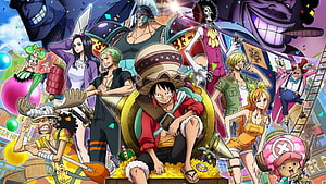 One Piece Stampede Movie Poster Featuring Luffy, Zoro, Nami, and the Straw Hat Crew HD wallpaper