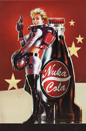Nuka Cola Girl Pin-Up Artwork from Fallout with Retro Cola Bottle and Starry Red Background HD phone wallpaper