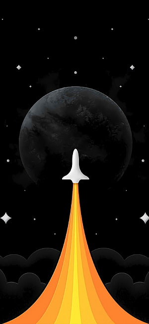 Minimalist Space Rocket Launching Past a Dark Planet in a Starry Night Sky HD phone wallpaper