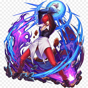 Iori Yagami Anime Character Artwork with Blue Energy Sphere and Purple Flames HD phone wallpaper