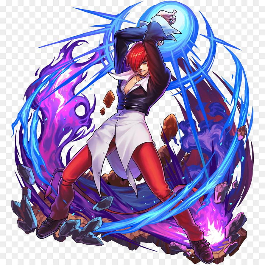 Iori Yagami Anime Character Artwork with Blue Energy Sphere and Purple Flames HD phone wallpaper