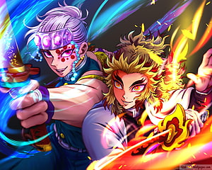 Kyojuro Rengoku and Tengen Uzui in Dynamic Demon Slayer Combat Scene HD wallpaper
