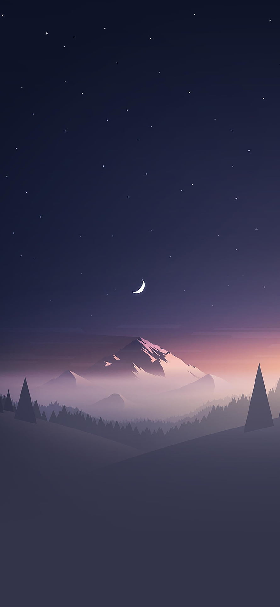 Minimalist Winter Mountain Landscape with Crescent Moon and Starry Night Sky HD phone wallpaper
