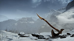 The Leviathan Axe from God of War Stuck in Snowy Mountain Terrain HD wallpaper