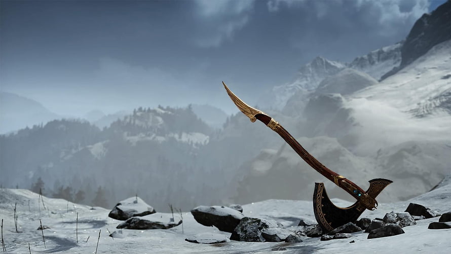 The Leviathan Axe from God of War Stuck in Snowy Mountain Terrain HD wallpaper